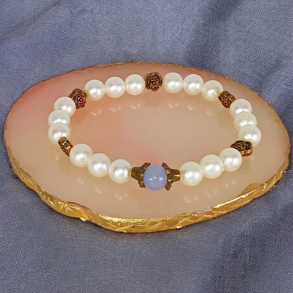 Pearl Floral Blue Aquamarine Stretch Bracelet Coquette Girl Boho Chic 2000s